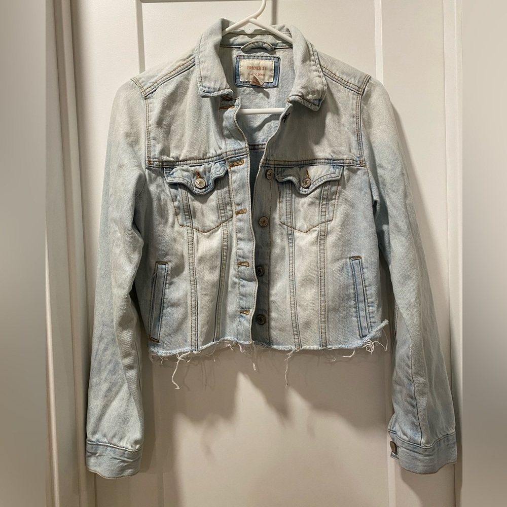 Forever 21 Light Blue Distressed Cropped Jean Jacket